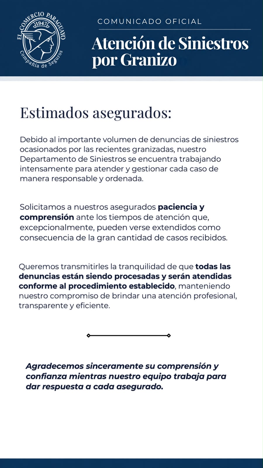 Comunicado oficial: Atención de Siniestros por Granizo